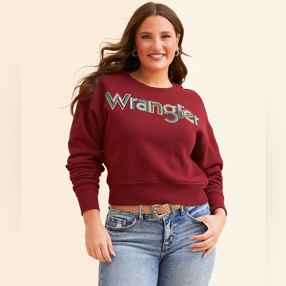 Wrangler Women’s Crochet Print Logo Pullover Sweatshirt | Wine Red | NEW/NWT!!🤠 - Picture 1 of 10